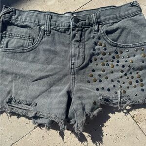 We The Free Gray Distressed Jean Shorts with Stud Detail